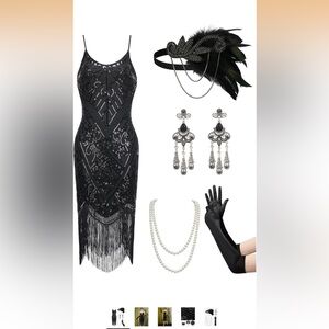 Elegant Black Flapper Dress with Accessories - Medium - Used Once